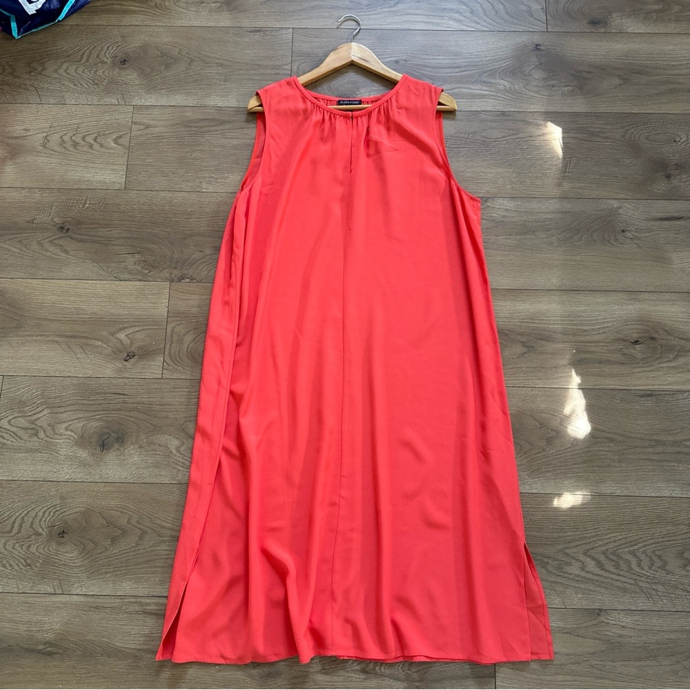 Eileen Fisher XL Coral Red Sleeveless Midi Shift Dress Tencel Lyocell Side Slits